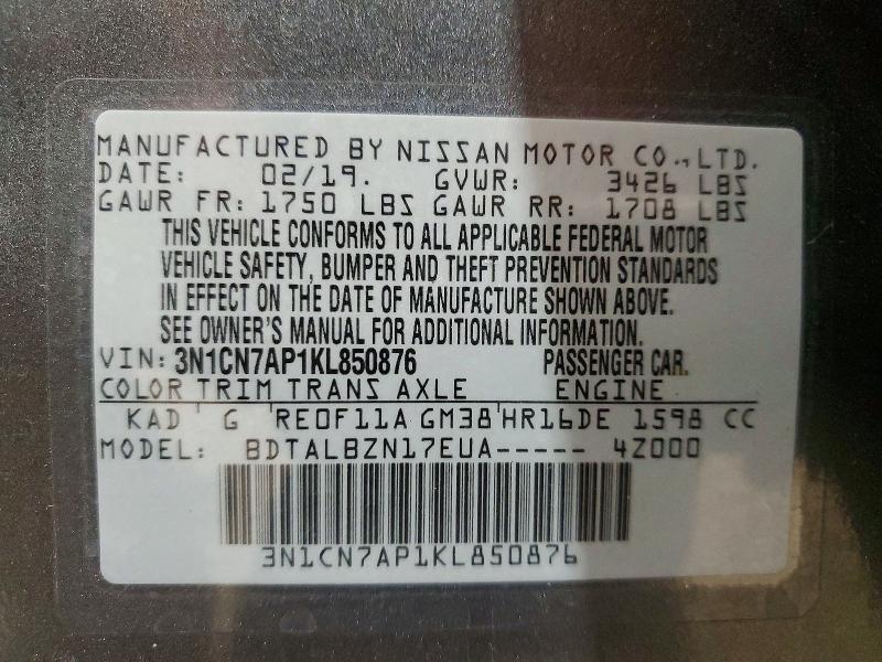 Aukcja sprzedaży 2019 Nissan Versa, vin: 3N1CN7AP1KL850876, numer aukcji: 46620426