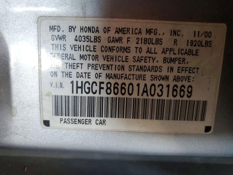Aukcja sprzedaży 2001 Honda Accord Lx, vin: 1HGCF86601A031669, numer aukcji: 45836416