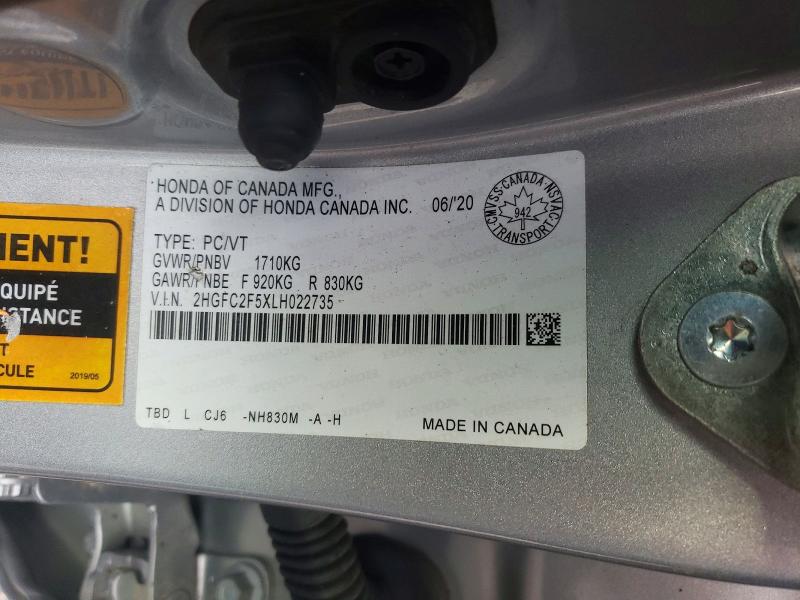 41977256 :رقم المزاد ، 2HGFC2F5XLH022735 vin ، 2020 Honda Civic مزاد بيع