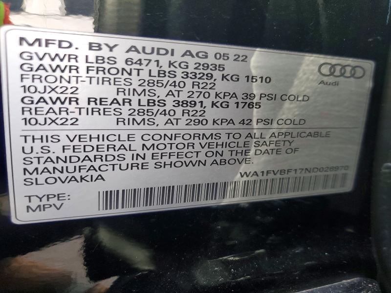 2022 Audi Q8 მანქანა იყიდება აუქციონზე, vin: WA1FVBF17ND026970, აუქციონის ნომერი: 79793935