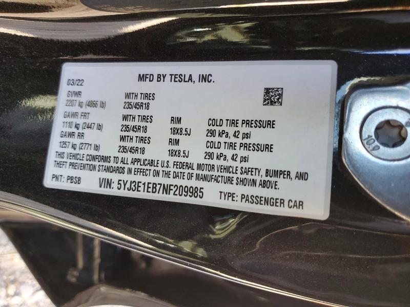 Aukcja sprzedaży 2022 Tesla Model 3, vin: 5YJ3E1EB7NF209985, numer aukcji: 45872366