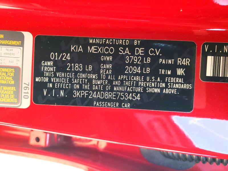 2024 Kia Forte მანქანა იყიდება აუქციონზე, vin: 3KPF24AD8RE753454, აუქციონის ნომერი: 46864456
