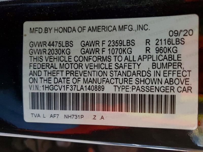 Продажа на аукционе авто 2020 Honda Accord, vin: 1HGCV1F37LA140889, номер лота: 45546426