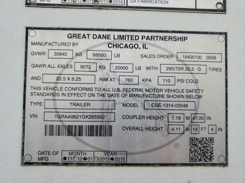 Продажа на аукционе авто 2016 Great Dane Trailers, vin: 1GRAA9621GK265562, номер лота: 47521266