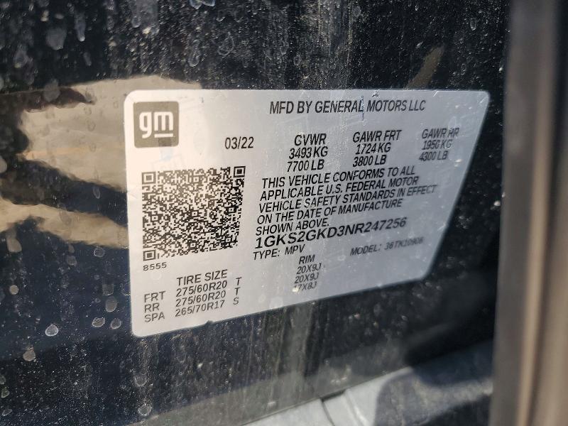 46051686 :رقم المزاد ، 1GKS2GKD3NR247256 vin ، 2022 Gmc Yukon Xl مزاد بيع