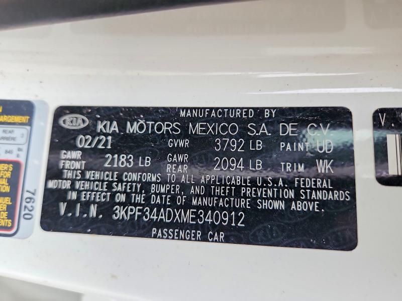 41605416 :رقم المزاد ، 3KPF34ADXME340912 vin ، 2021 Kia Forte مزاد بيع
