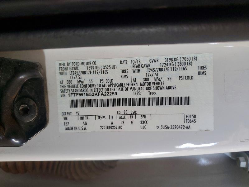 47660286 :رقم المزاد ، 1FTFW1E52KFA22259 vin ، 2019 Ford F150 مزاد بيع