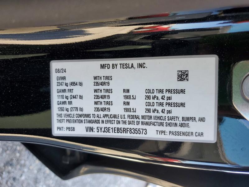 2024 Tesla Model 3 მანქანა იყიდება აუქციონზე, vin: 5YJ3E1EB5RF835573, აუქციონის ნომერი: 45695466
