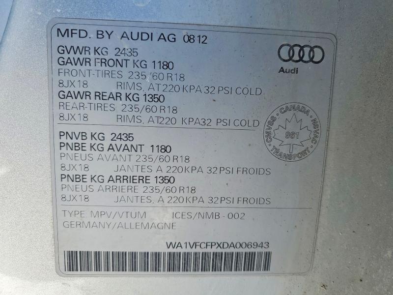 2013 Audi Q5 მანქანა იყიდება აუქციონზე, vin: WA1VFCFPXDA006943, აუქციონის ნომერი: 77822545