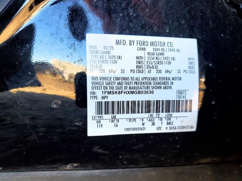 41923716 :رقم المزاد ، 1FMSK8FHXMGB03630 vin ، 2021 Ford Explorer مزاد بيع