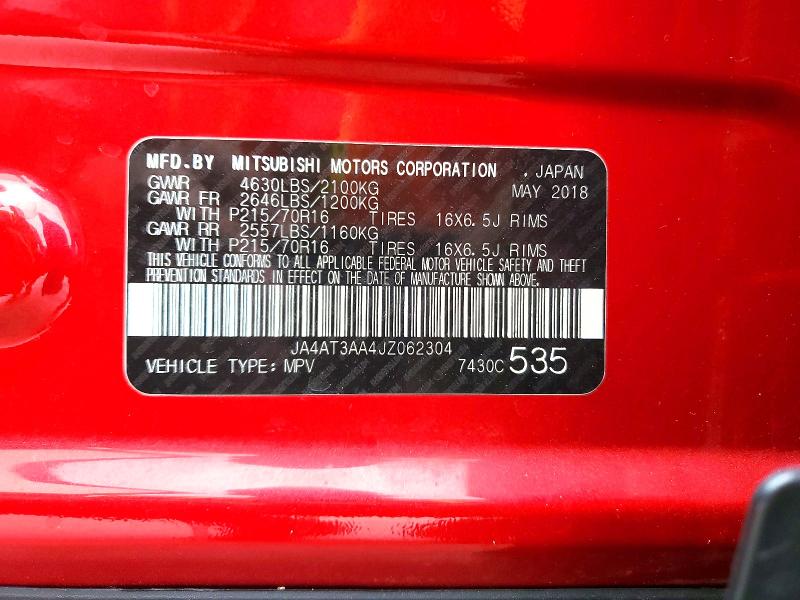 47910456 :رقم المزاد ، JA4AT3AA4JZ062304 vin ، 2018 Mitsubishi Eclipse Cross مزاد بيع