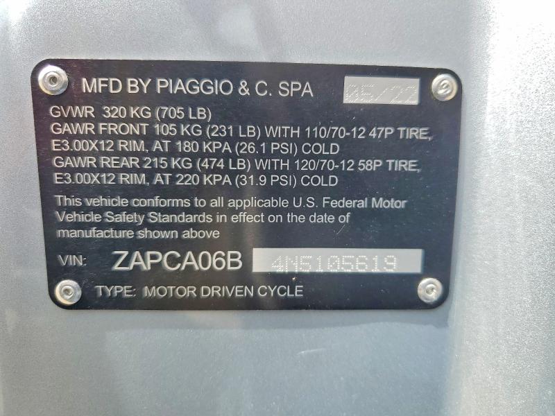 46750766 :رقم المزاد ، ZAPCA06B4N5105619 vin ، 2022 Vespa Primavera مزاد بيع