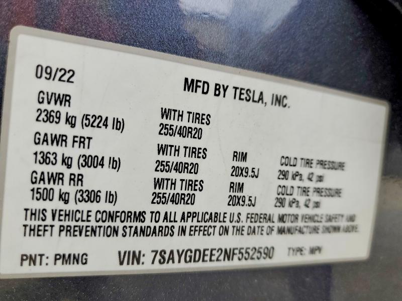 2022 Tesla Model Y მანქანა იყიდება აუქციონზე, vin: 7SAYGDEE2NF552590, აუქციონის ნომერი: 47933426