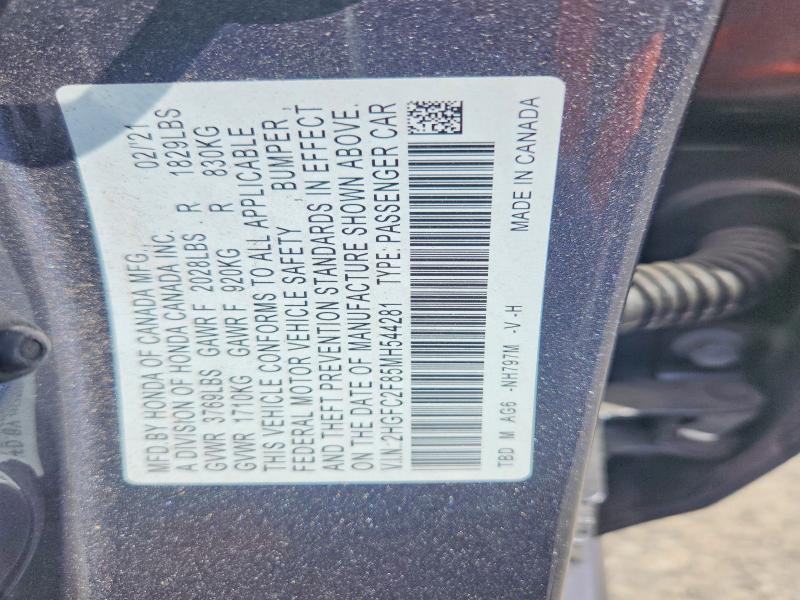 45830046 :رقم المزاد ، 2HGFC2F85MH544281 vin ، 2021 Honda Civic مزاد بيع