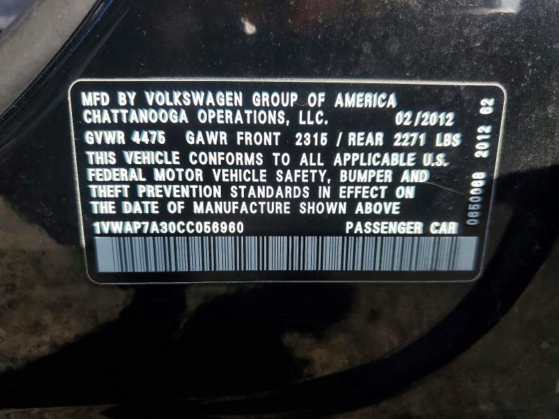 Aukcja sprzedaży 2012 Volkswagen Passat, vin: 1VWAP7A30CC056960, numer aukcji: 79957465