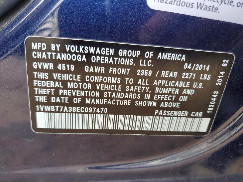 2014 Volkswagen Passat მანქანა იყიდება აუქციონზე, vin: 1VWBT7A38EC097470, აუქციონის ნომერი: 47122326