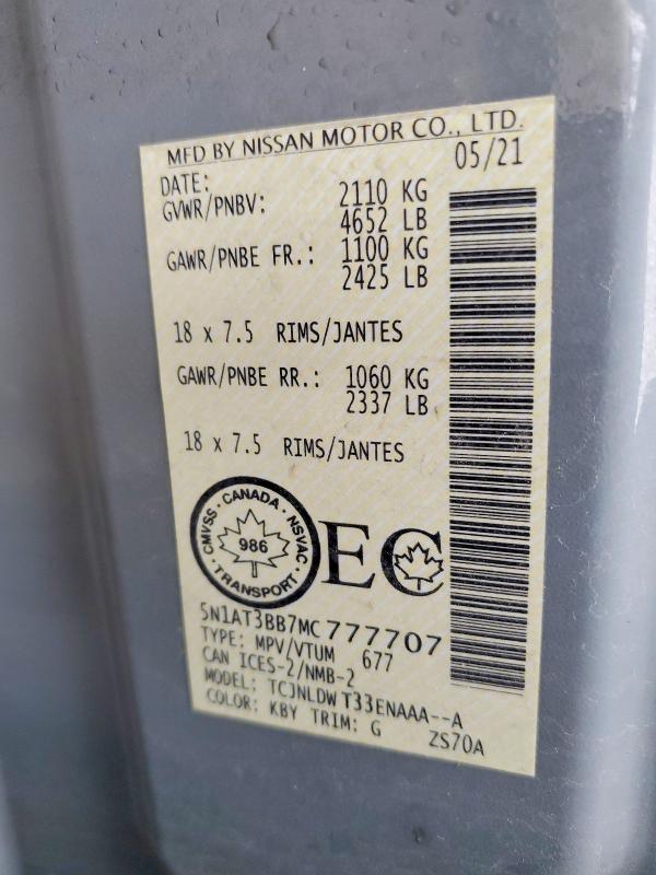 79604775 :رقم المزاد ، 5N1AT3BB7MC777707 vin ، 2021 Nissan Rogue مزاد بيع