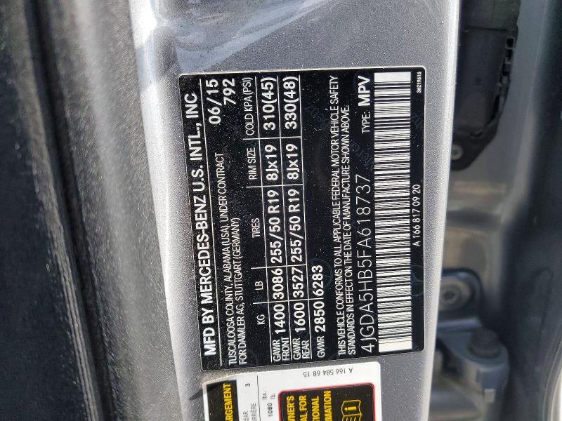 Продажа на аукционе авто 2015 Mercedes-benz Ml, vin: 4JGDA5HB5FA618737, номер лота: 46758866