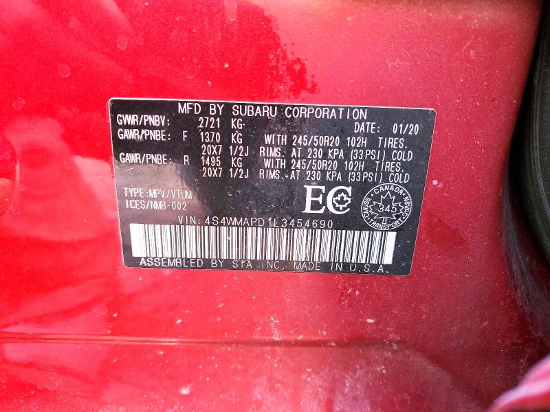 79525015 :رقم المزاد ، 4S4WMAPD1L3454690 vin ، 2020 Subaru Ascent مزاد بيع