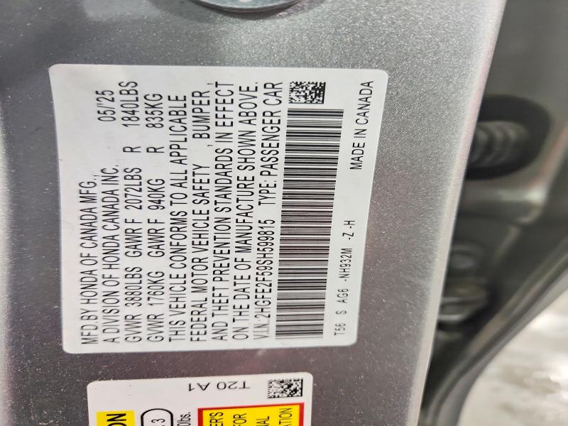 48990626 :رقم المزاد ، 2HGFE2F59SH599815 vin ، 2025 Honda Civic مزاد بيع