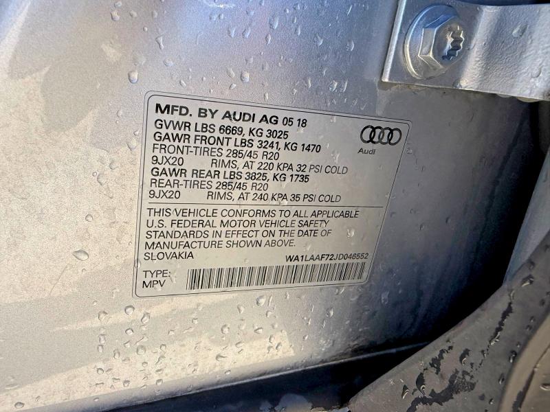 2018 Audi Q7 მანქანა იყიდება აუქციონზე, vin: WA1LAAF72JD046552, აუქციონის ნომერი: 47082836