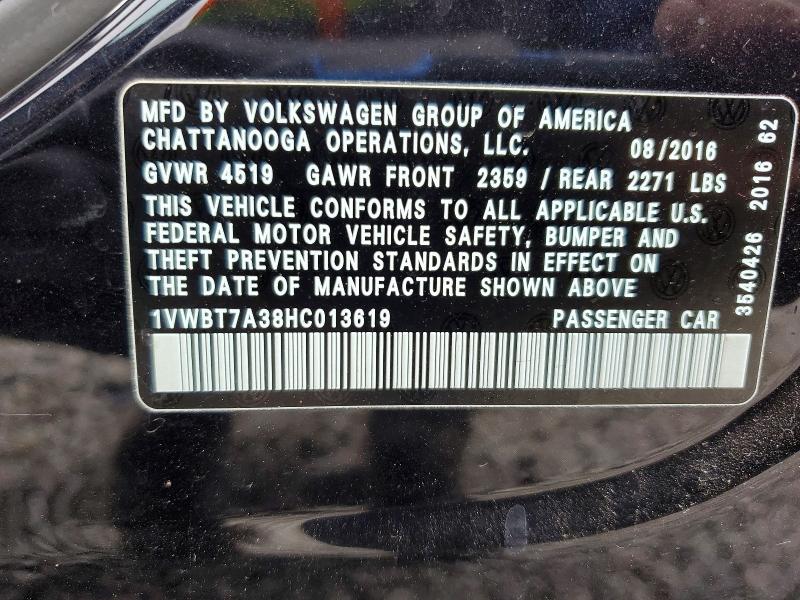 2017 Volkswagen Passat მანქანა იყიდება აუქციონზე, vin: 1VWBT7A38HC013619, აუქციონის ნომერი: 46509546