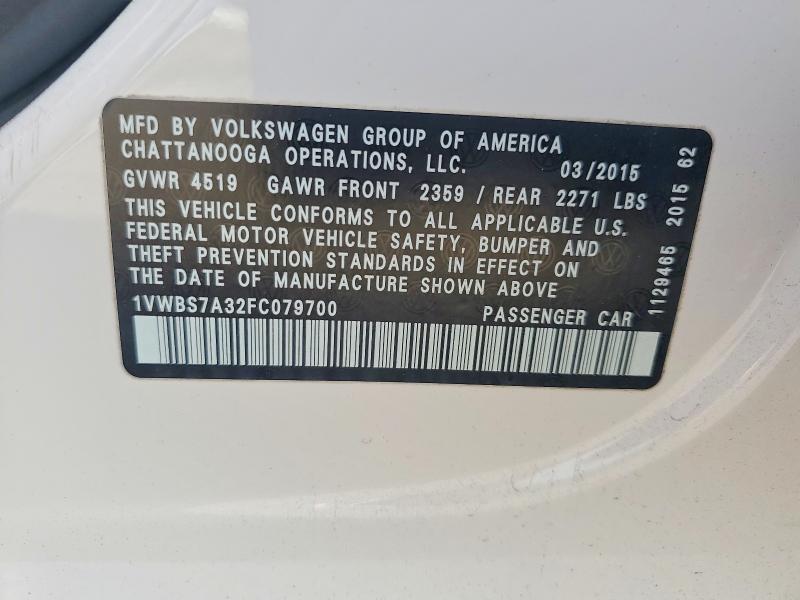 45816176 :رقم المزاد ، 1VWBS7A32FC079700 vin ، 2015 Volkswagen Passat مزاد بيع