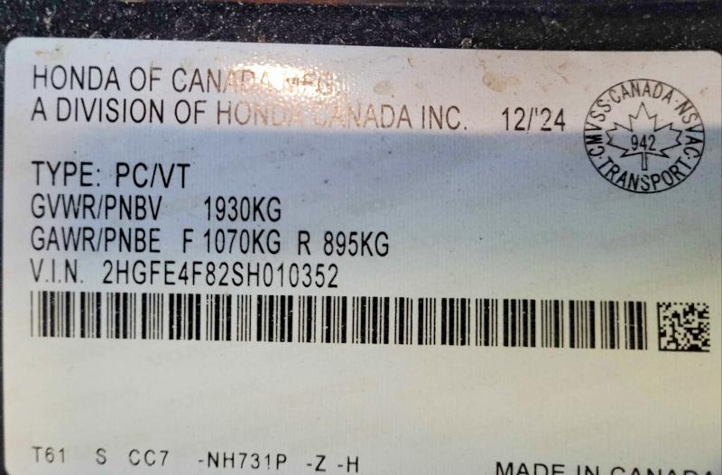 48292066 :رقم المزاد ، 2HGFE4F82SH010352 vin ، 2025 Honda Civic مزاد بيع