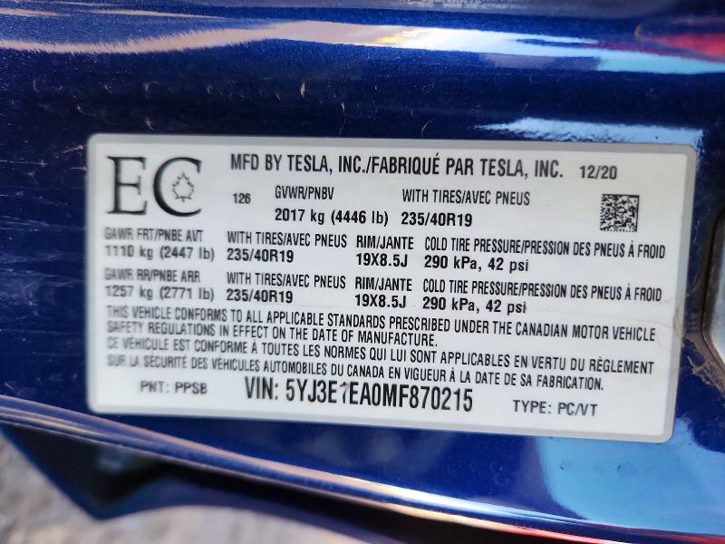 41984556 :رقم المزاد ، 5YJ3E1EA0MF870215 vin ، 2021 Tesla Model 3 مزاد بيع