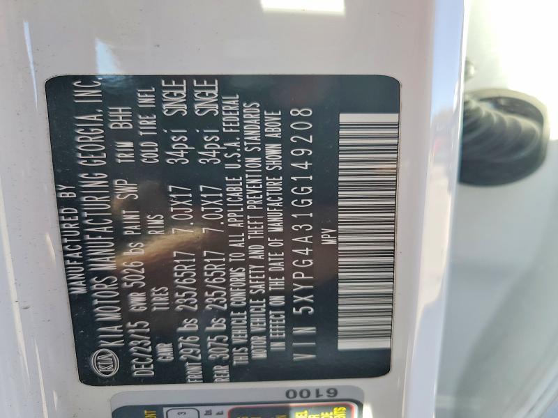 47456496 :رقم المزاد ، 5XYPG4A31GG149208 vin ، 2016 Kia Sorento مزاد بيع