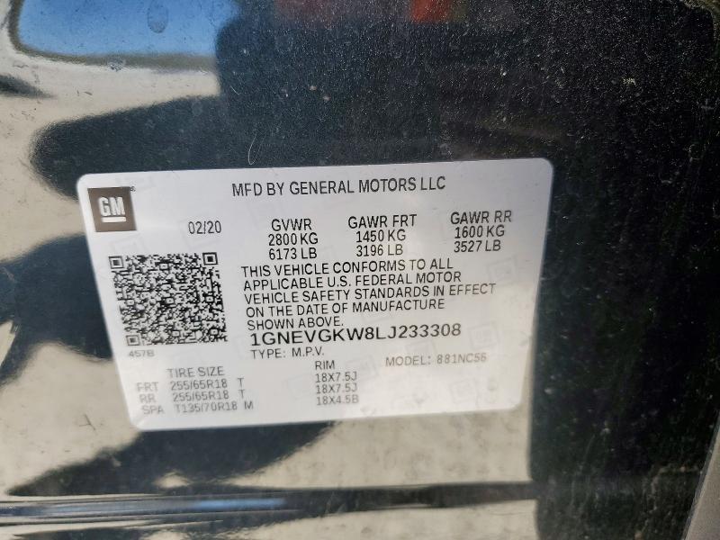 47166226 :رقم المزاد ، 1GNEVGKW8LJ233308 vin ، 2020 Chevrolet Traverse مزاد بيع
