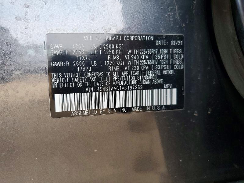 47008786 :رقم المزاد ، 4S4BTAAC1M3197369 vin ، 2021 Subaru Outback مزاد بيع