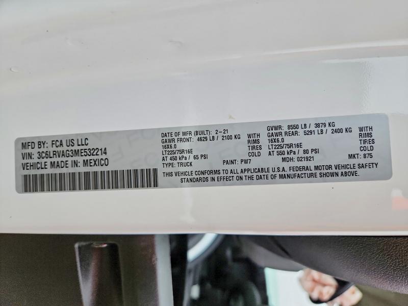 2021 Ram Promaster 1500 მანქანა იყიდება აუქციონზე, vin: 3C6LRVAG3ME532214, აუქციონის ნომერი: 49038716