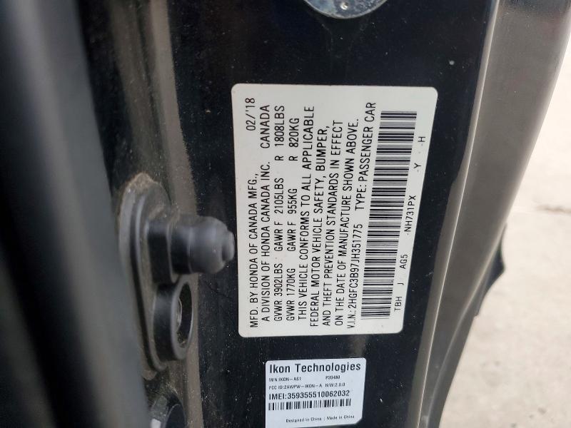 Продаж на аукціоні авто 2018 Honda Civic, vin: 2HGFC3B97JH351775, номер лоту: 45696026