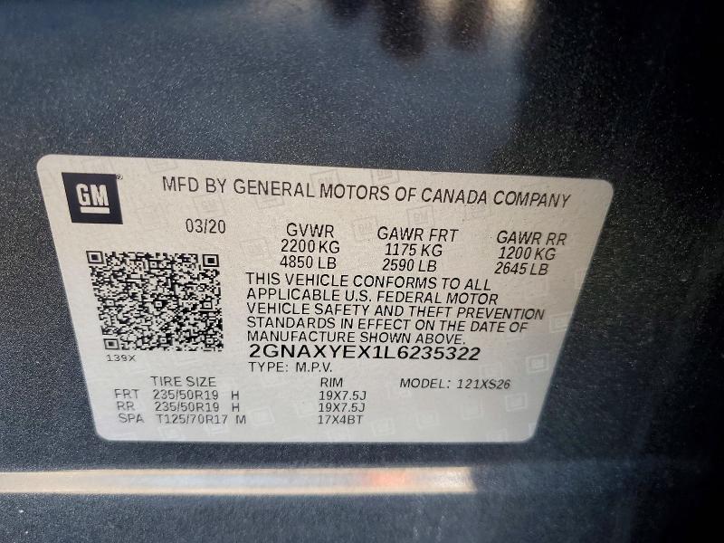 46301786 :رقم المزاد ، 2GNAXYEX1L6235322 vin ، 2020 Chevrolet Equinox مزاد بيع