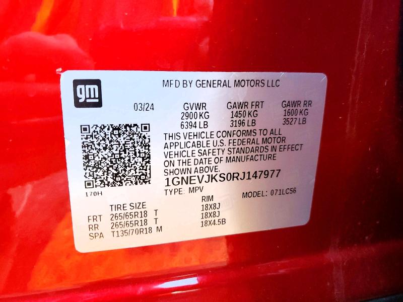 2024 Chevrolet Traverse მანქანა იყიდება აუქციონზე, vin: 1GNEVJKS0RJ147977, აუქციონის ნომერი: 46945186