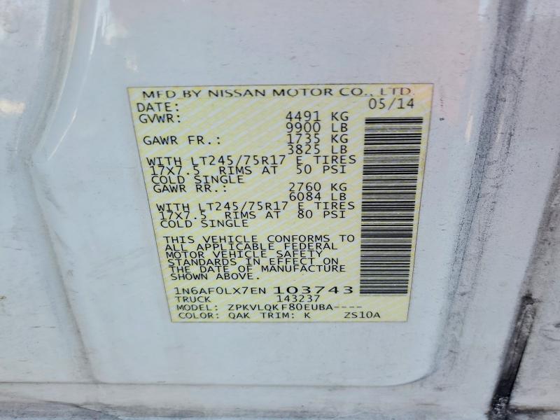 2014 Nissan Nv 2500 მანქანა იყიდება აუქციონზე, vin: 1N6AF0LX7EN103743, აუქციონის ნომერი: 47779596