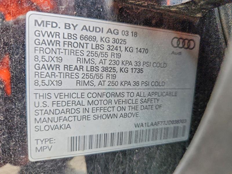 2018 Audi Q7 მანქანა იყიდება აუქციონზე, vin: WA1LAAF77JD038303, აუქციონის ნომერი: 47258046