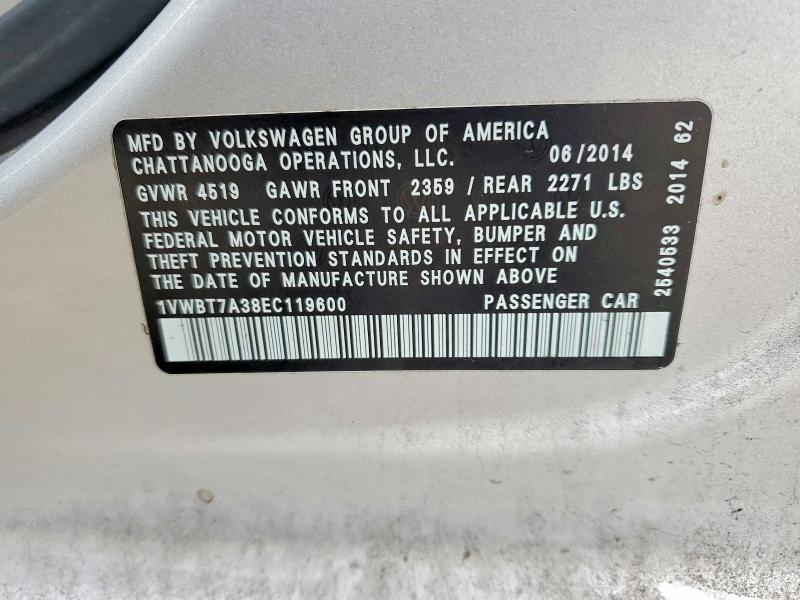46100776 :رقم المزاد ، 1VWBT7A38EC119600 vin ، 2014 Volkswagen Passat مزاد بيع