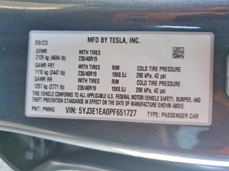 47108326 :رقم المزاد ، 5YJ3E1EA0PF651727 vin ، 2023 Tesla Model 3 مزاد بيع