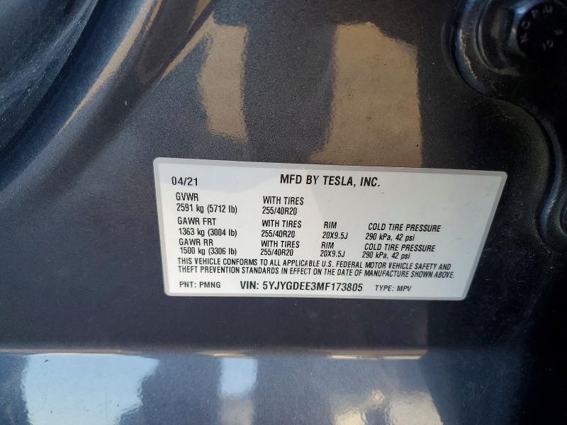 79197035 :رقم المزاد ، 5YJYGDEE3MF173805 vin ، 2021 Tesla Model Y مزاد بيع