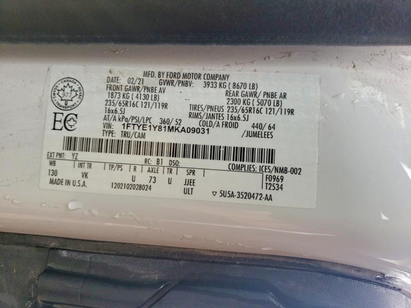 47557806 :رقم المزاد ، 1FTYE1Y81MKA09031 vin ، 2021 Ford Transit مزاد بيع