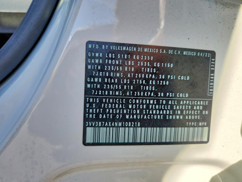 Aukcja sprzedaży 2022 Volkswagen Tiguan, vin: 3VV3B7AX4NM108218, numer aukcji: 41626356