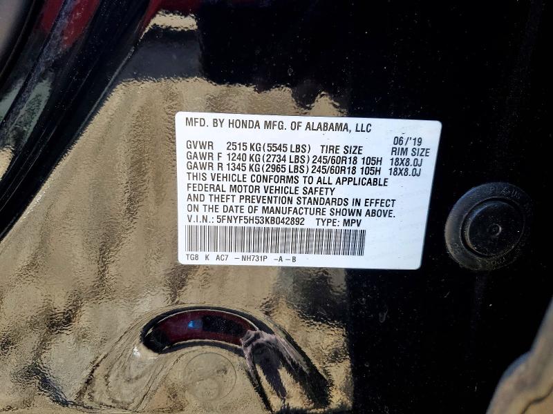 Aukcja sprzedaży 2019 Honda Pilot, vin: 5FNYF5H53KB042892, numer aukcji: 46064036