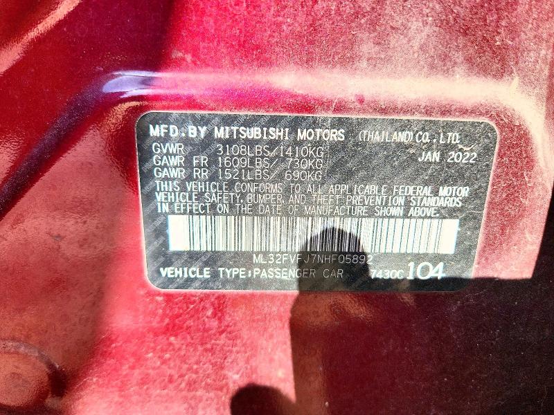 Продаж на аукціоні авто 2022 Mitsubishi Mirage, vin: ML32FVFJ7NHF05892, номер лоту: 46362496