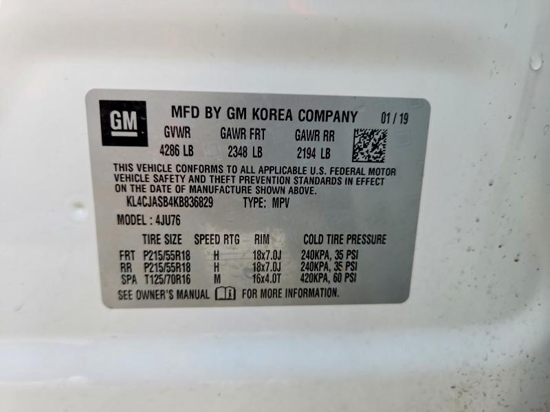 2019 Buick Encore მანქანა იყიდება აუქციონზე, vin: KL4CJASB4KB836829, აუქციონის ნომერი: 79981725