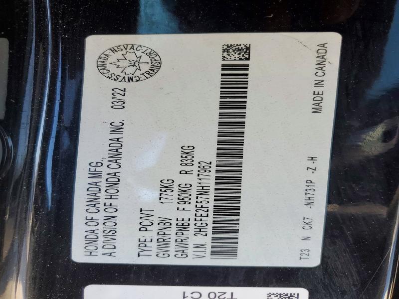 76666965 :رقم المزاد ، 2HGFE2F57NH117962 vin ، 2022 Honda Civic مزاد بيع