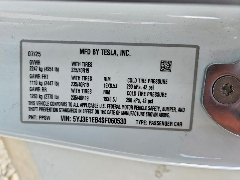 Aukcja sprzedaży 2025 Tesla Model 3, vin: 5YJ3E1EB4SF060530, numer aukcji: 47946566