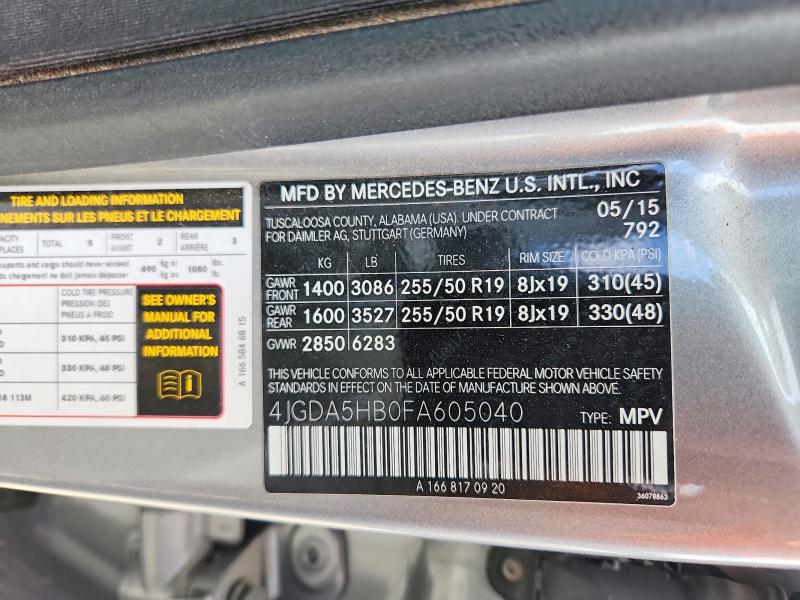 48128136 :رقم المزاد ، 4JGDA5HB0FA605040 vin ، 2015 Mercedes-benz Ml مزاد بيع