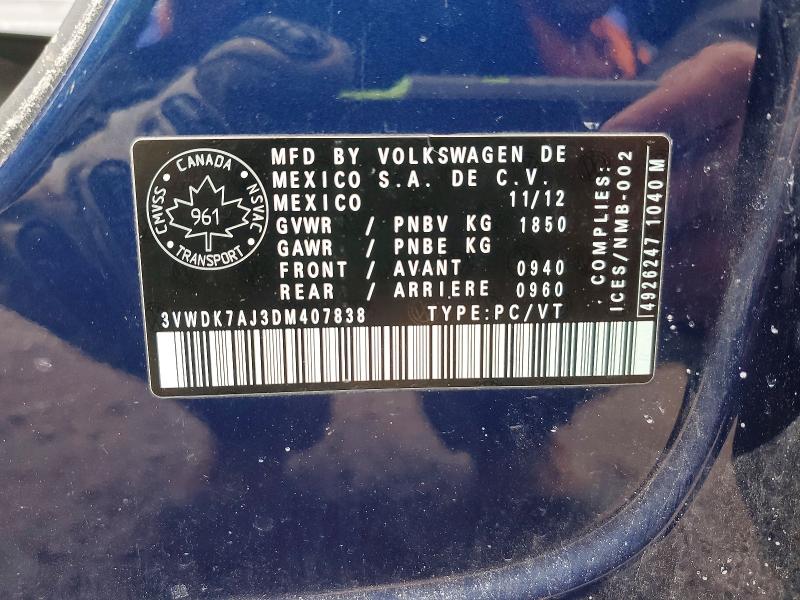Aukcja sprzedaży 2013 Volkswagen Jetta, vin: 3VWDK7AJ3DM407838, numer aukcji: 46406146